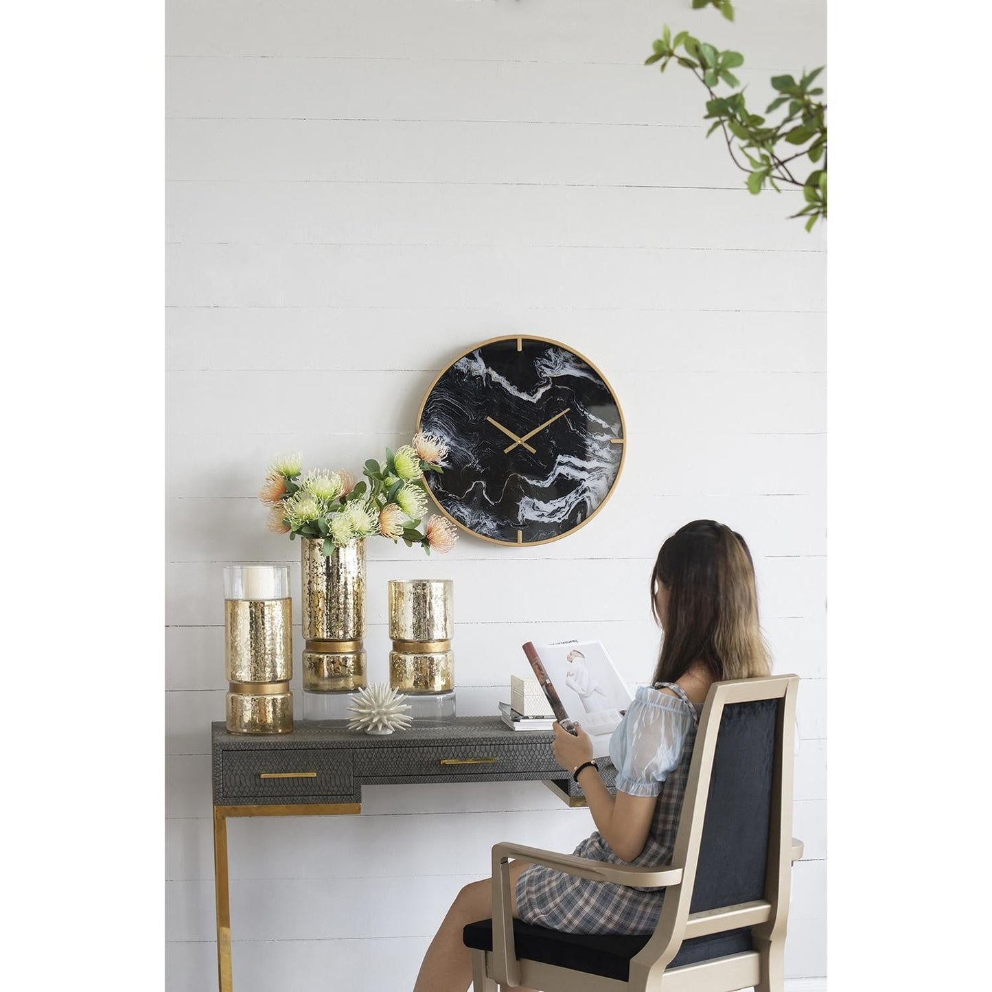 20" Modern Black Faux Marble and Gold Round Wall Clock