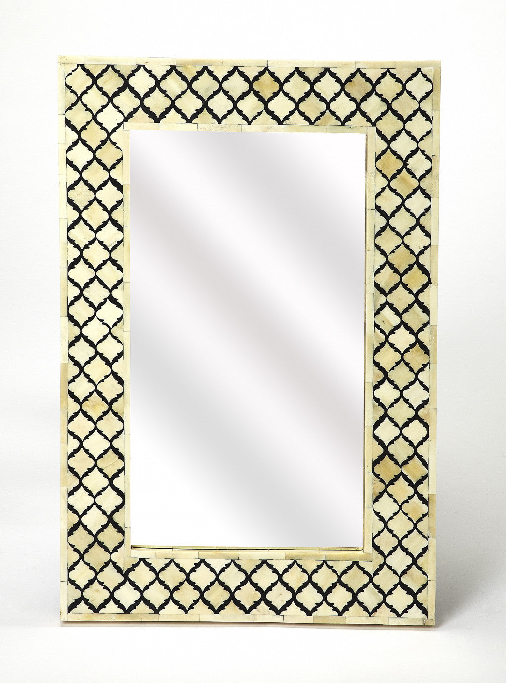 Ivory and Black Quatrefoil Bone Inlay Wall Mirror - Artisan Crafted