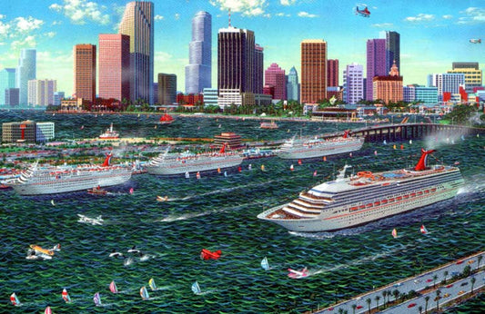 Miami Cruising by Alexander Chen: Whimsical Landmark Art Print (Unframed)