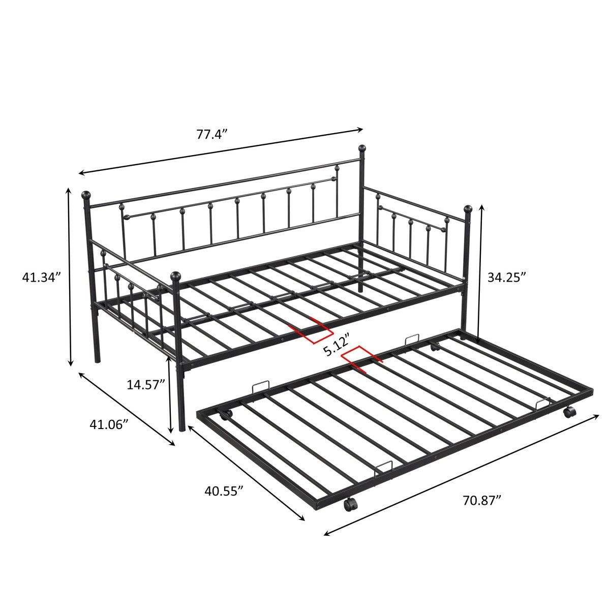 Black Metal Twin Daybed with Trundle and Slats