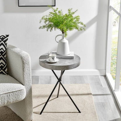 Circular Concrete Finish Accent Table – Grey Veneer & Black Metal Legs