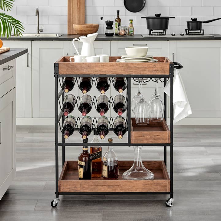 Rustic Walnut Rolling Wine Bar Cart – Farmhouse Metal & Wood Drink Station