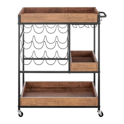 Rustic Walnut Rolling Wine Bar Cart – Farmhouse Metal & Wood Drink Station