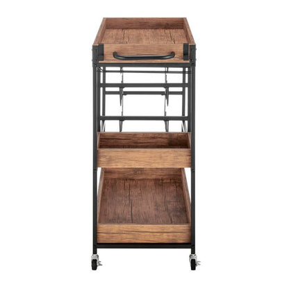 Rustic Walnut Rolling Wine Bar Cart – Farmhouse Metal & Wood Drink Station