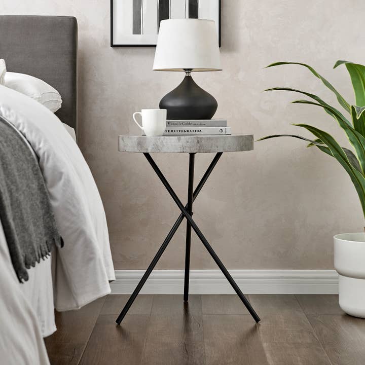 Circular Concrete Finish Accent Table – Grey Veneer & Black Metal Legs