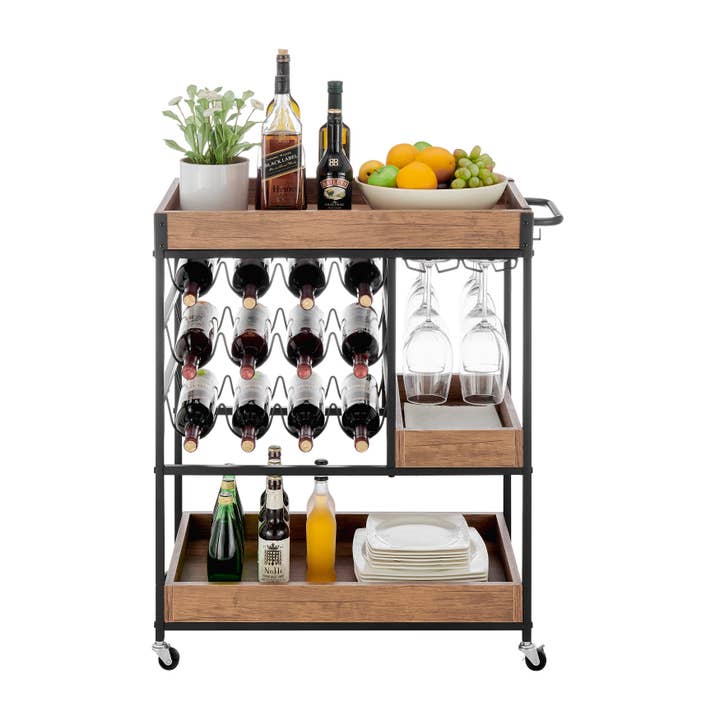 Rustic Walnut Rolling Wine Bar Cart – Farmhouse Metal & Wood Drink Station