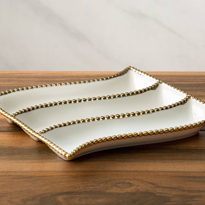 Porcelain Cracker Dish with Gold Beaded Edge – Elegant Serving Tray