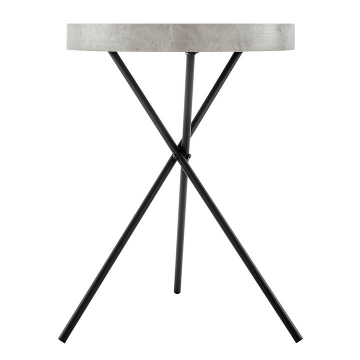 Circular Concrete Finish Accent Table – Grey Veneer & Black Metal Legs