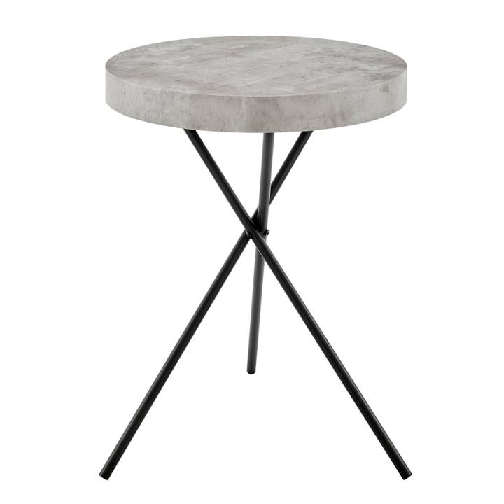 Circular Concrete Finish Accent Table – Grey Veneer & Black Metal Legs