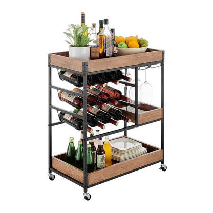 Rustic Walnut Rolling Wine Bar Cart – Farmhouse Metal & Wood Drink Station