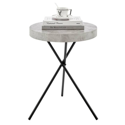 Circular Concrete Finish Accent Table – Grey Veneer & Black Metal Legs