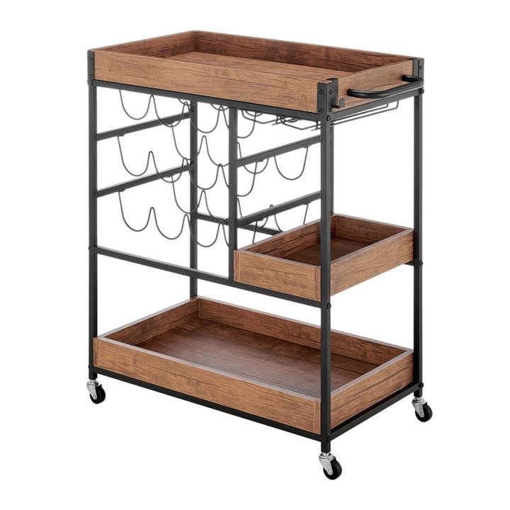 Rustic Walnut Rolling Wine Bar Cart – Farmhouse Metal & Wood Drink Station