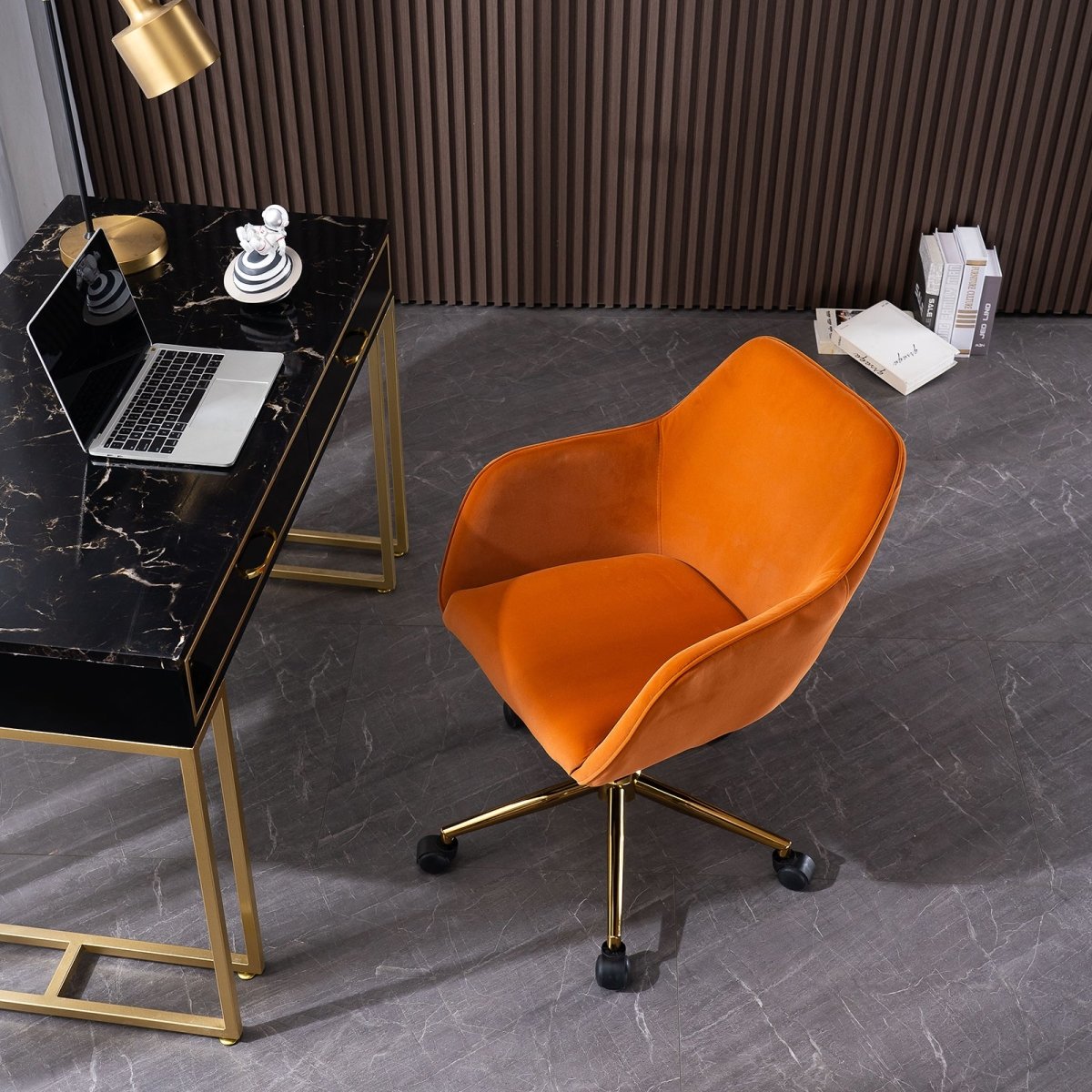 Orange Velvet Adjustable Swivel Office Chair with Gold Base and Wheels