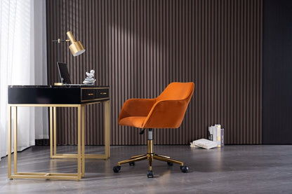 Orange Velvet Adjustable Swivel Office Chair with Gold Base and Wheels