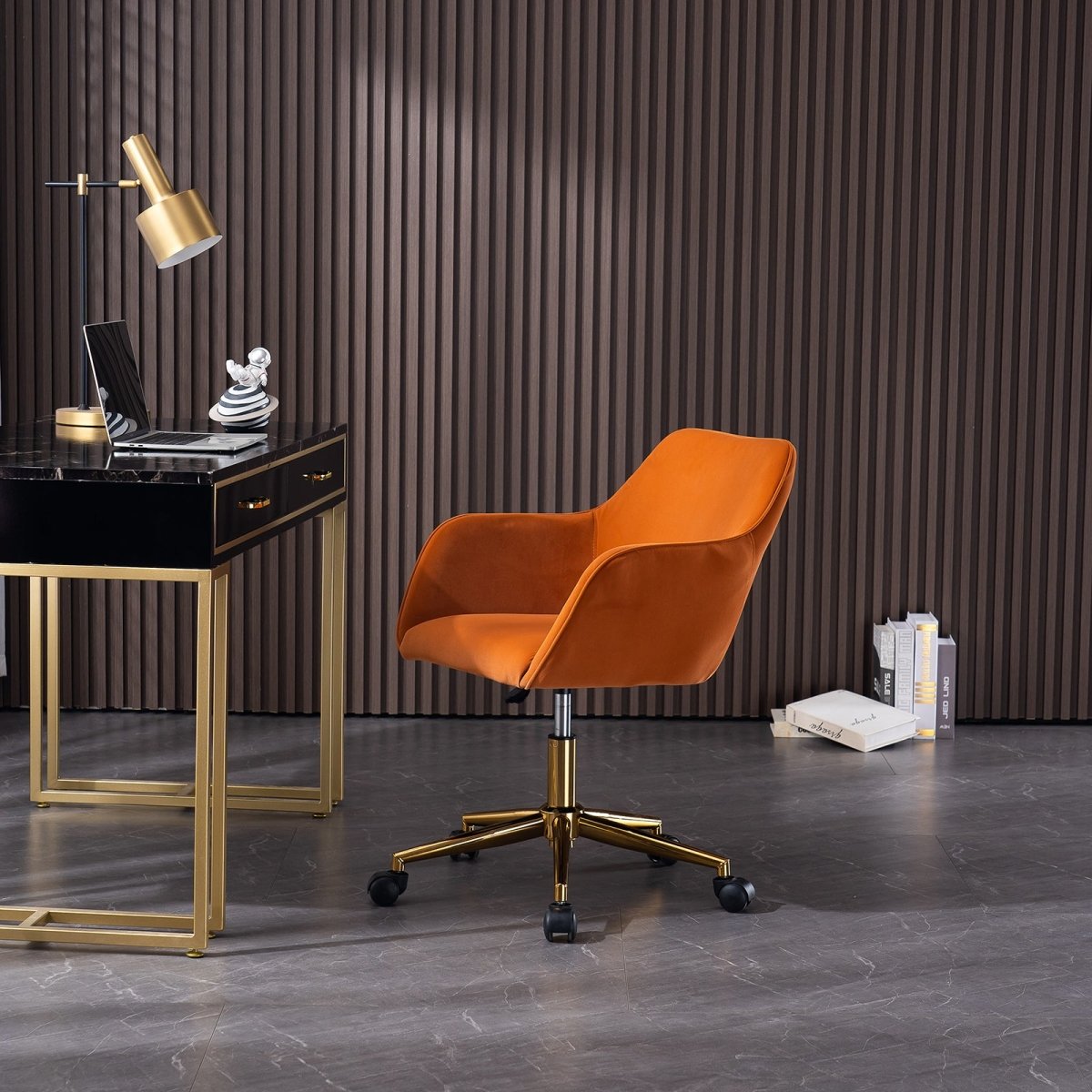 Orange Velvet Adjustable Swivel Office Chair with Gold Base and Wheels