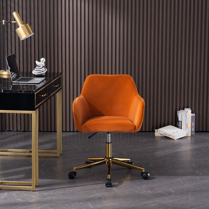 Orange Velvet Adjustable Swivel Office Chair with Gold Base and Wheels