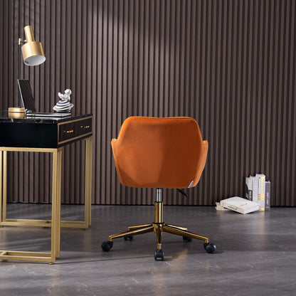 Orange Velvet Adjustable Swivel Office Chair with Gold Base and Wheels