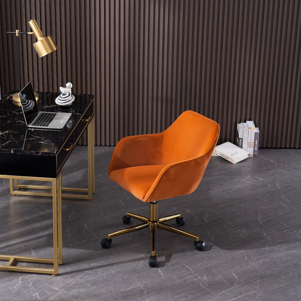 Orange Velvet Adjustable Swivel Office Chair with Gold Base and Wheels