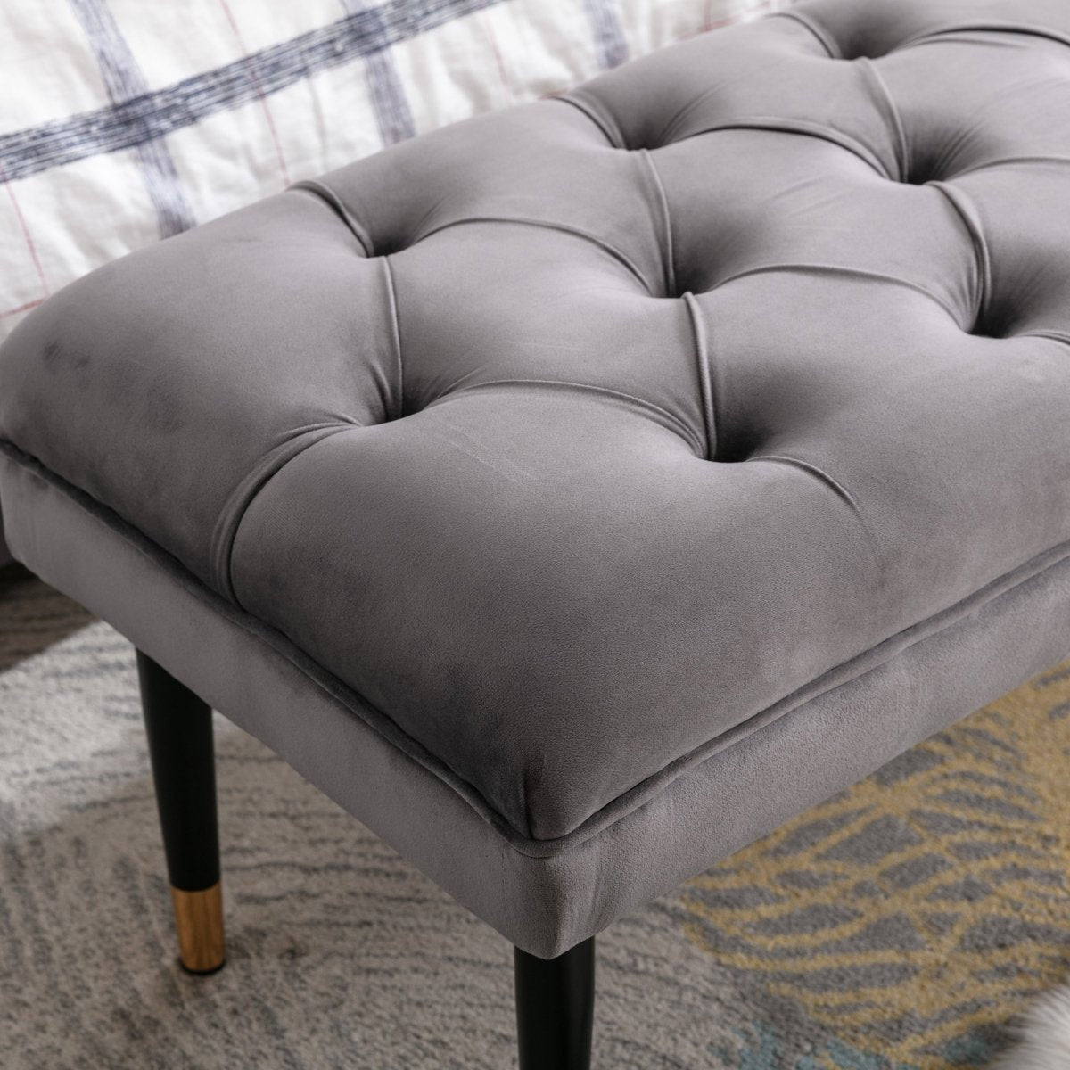 Gray Velvet Tufted Upholstered Bench